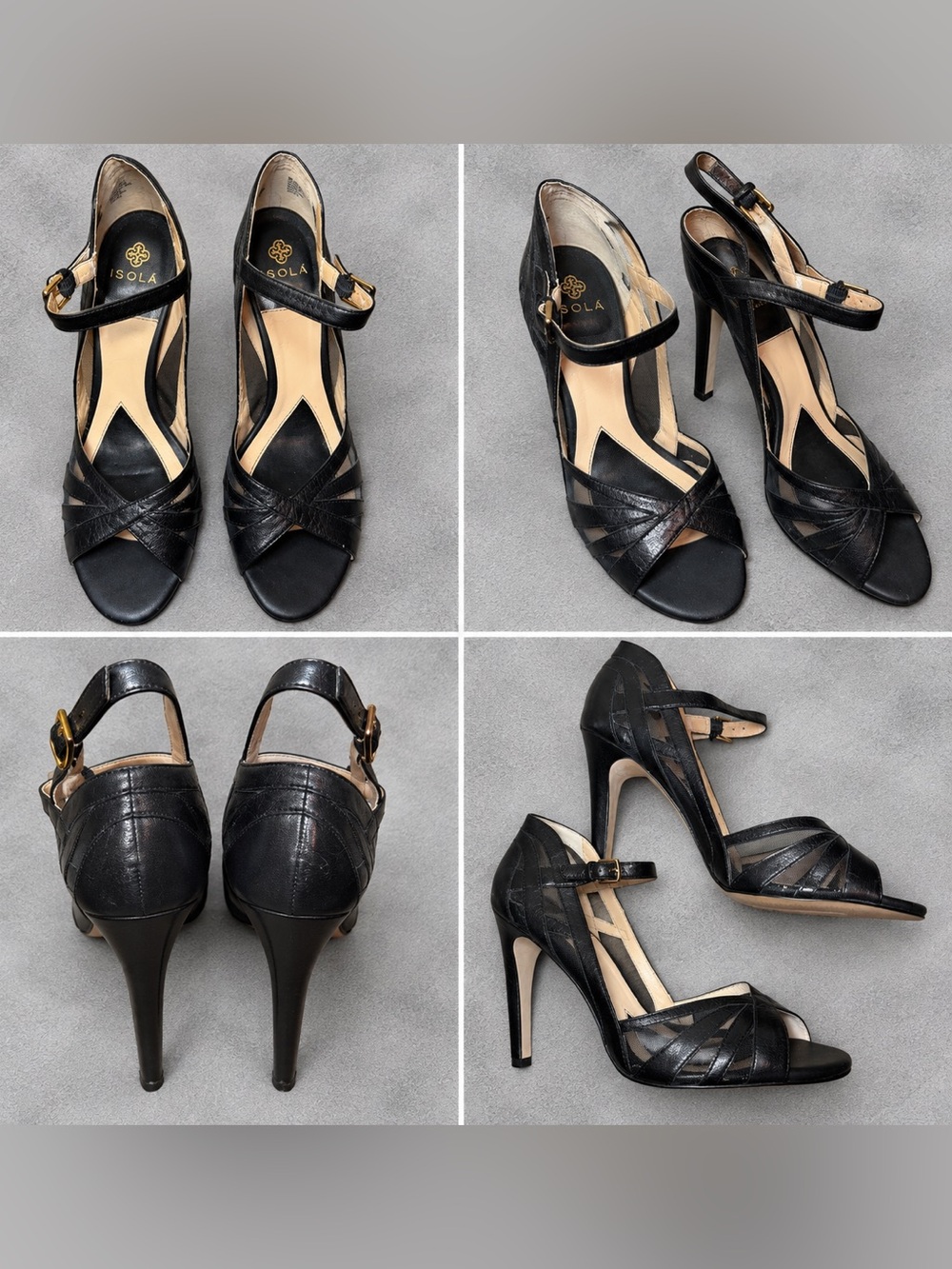 Isola Black Leather Ankle-Strap Peep-Toe Heels